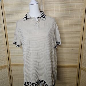 SUSLO Couture Mens Knit Polo Shirt Large Cream Greek Key Trim Short Sleeve